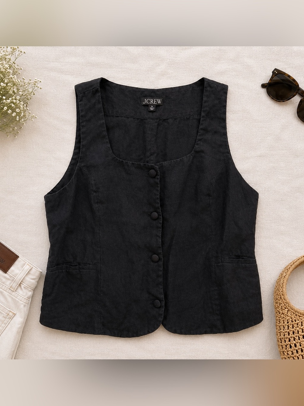 J.Crew Black Linen Button Front Vest Top Size 24